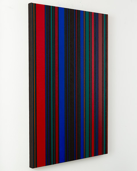 KH#350: A striped painting with blue, red, green, and black vertical stripes