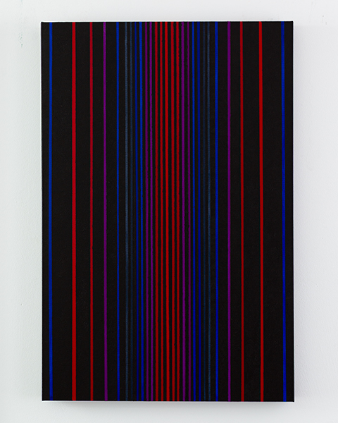 Abstract painting with vertical stripes in blue, yellow, red and black KH#366