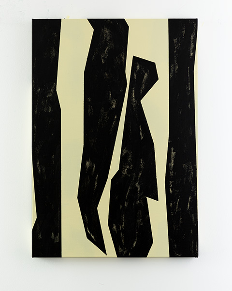 KH#373: Abstract painting with vertical black forms on a pale Naples yellow ground