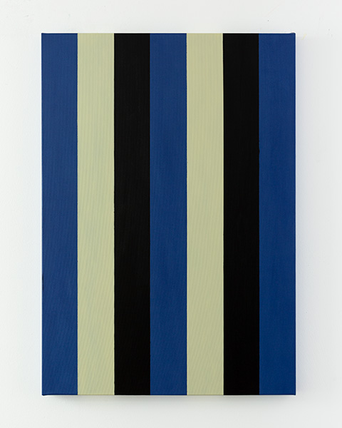 Abstract painting with vertical stripes in blue, yellow, and black KH#376